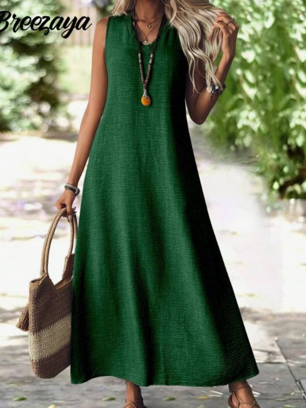 Green Sleeveless V-Neck Maxi Dress